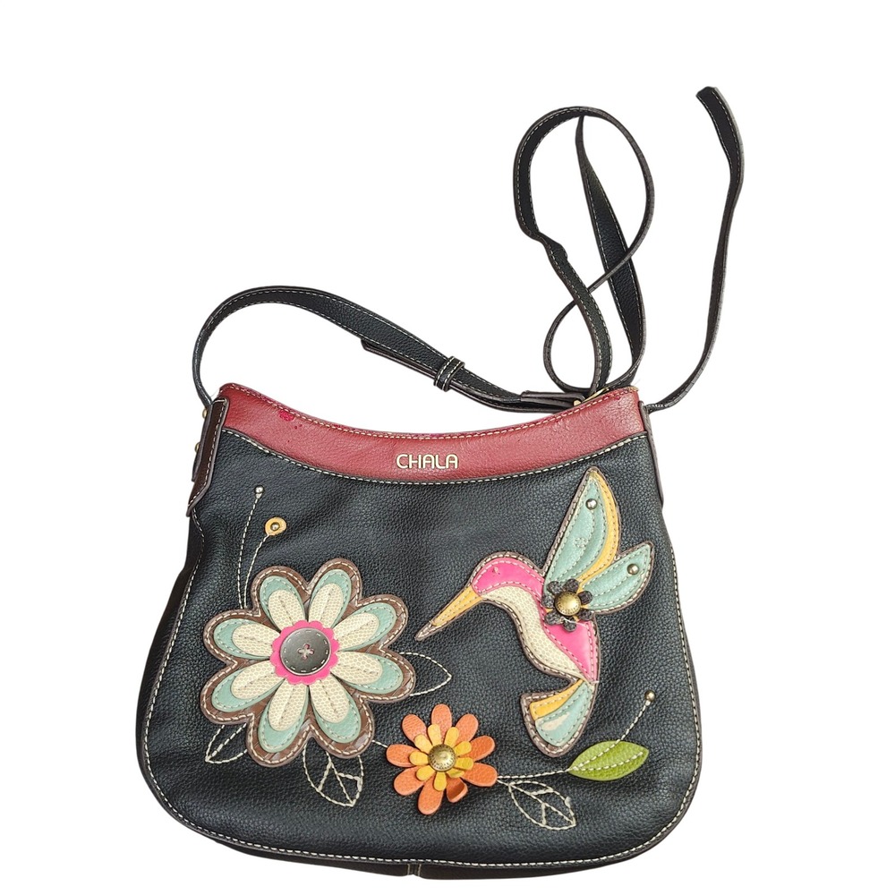 Chala Hummingbird Floral Applique Black Pebbled Vegan Leather Crossbody Bag
